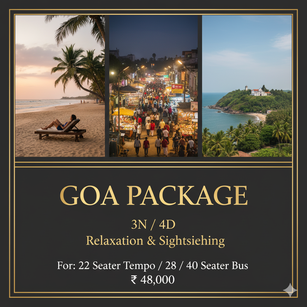 Goa Tour Package (3N/4D) – Relaxation, Beaches & Sightseeing | 22/28/40 Seater Bus from Hyderabad